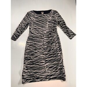 Anne Klein Side-Ruched Midi Dress Black White 3/4 Sleeve Lined Size 12 Stretch